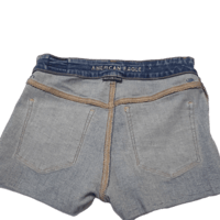 Image 5 of American Eagle distressed dark denim cut off shorts  w-ivory crochet peeking through