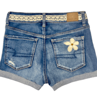 Image 2 of American Eagle distressed dark denim cut off shorts  w-ivory crochet peeking through