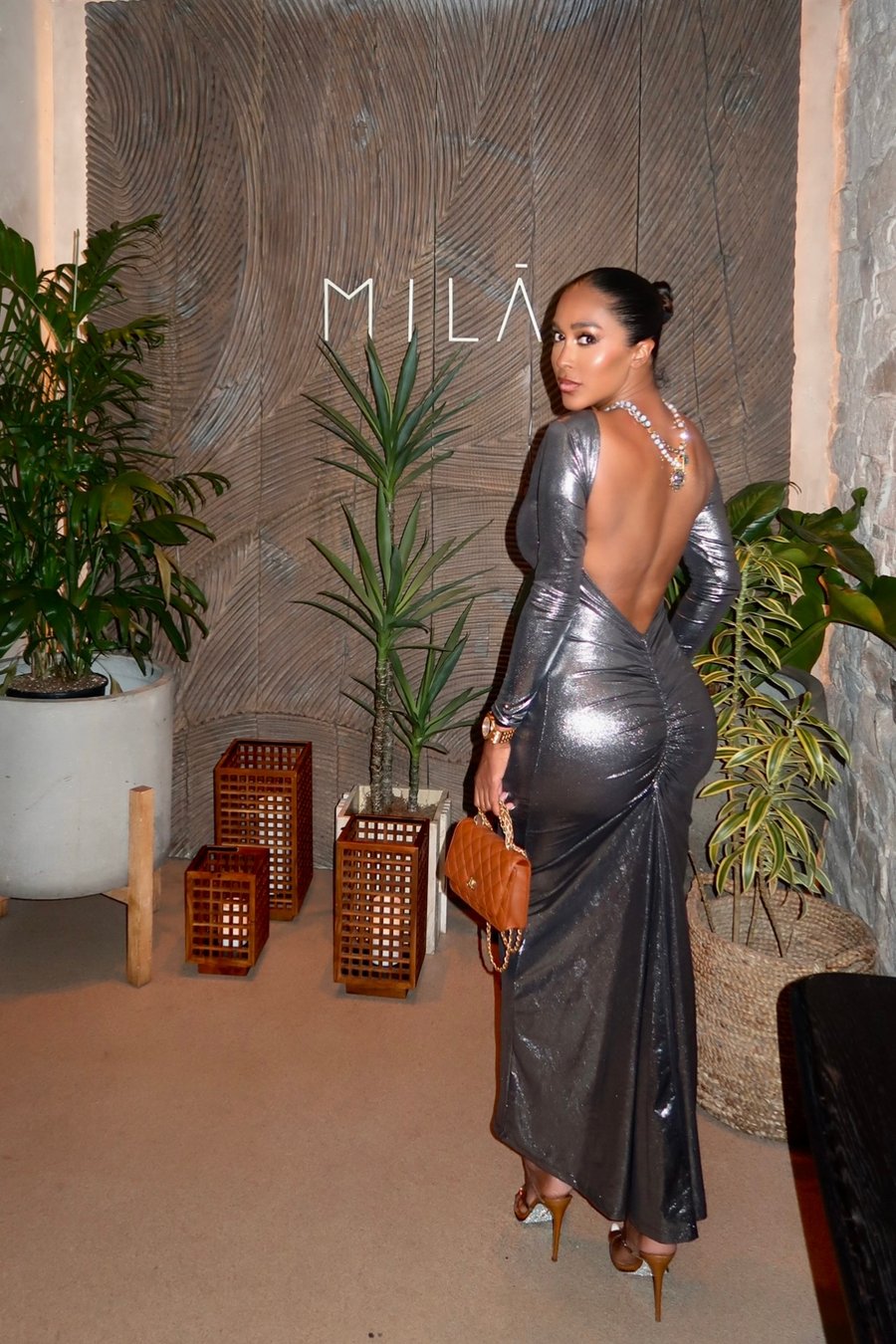 Image of GUNMETAL METALLIC BACKLESS RUCHED MAXI DRESS (S/M)