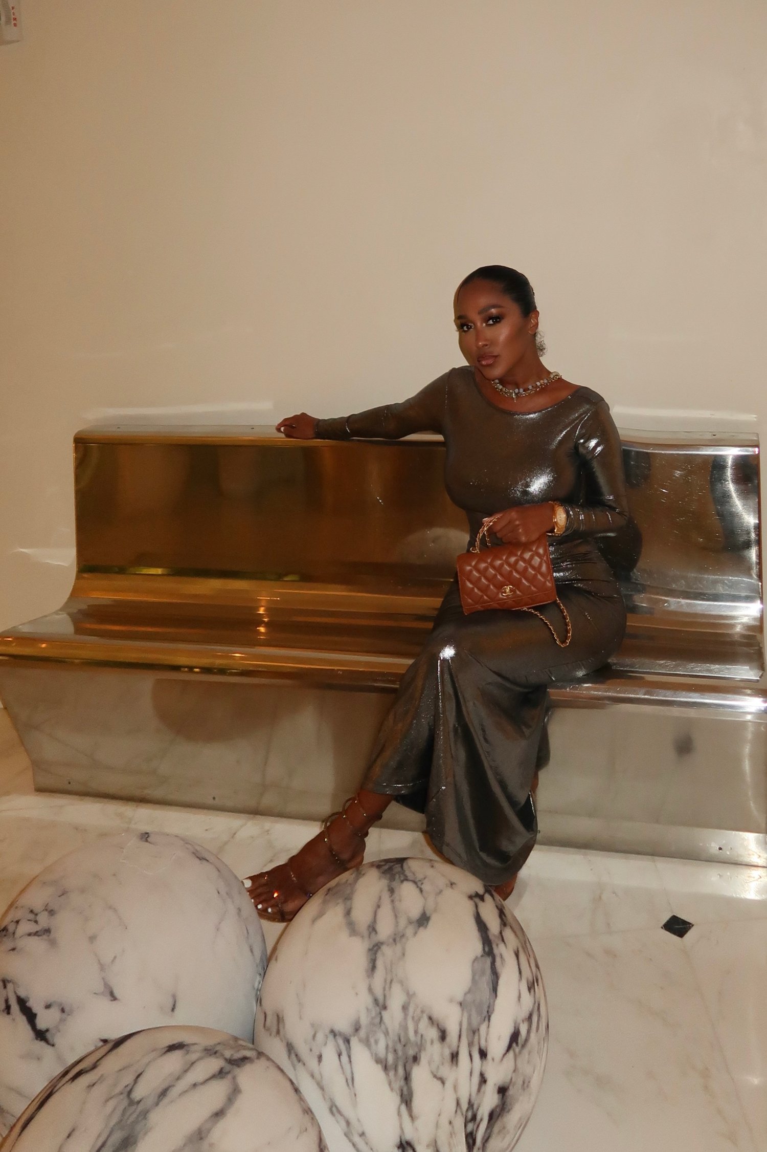 Image of GUNMETAL METALLIC BACKLESS RUCHED MAXI DRESS (S/M)