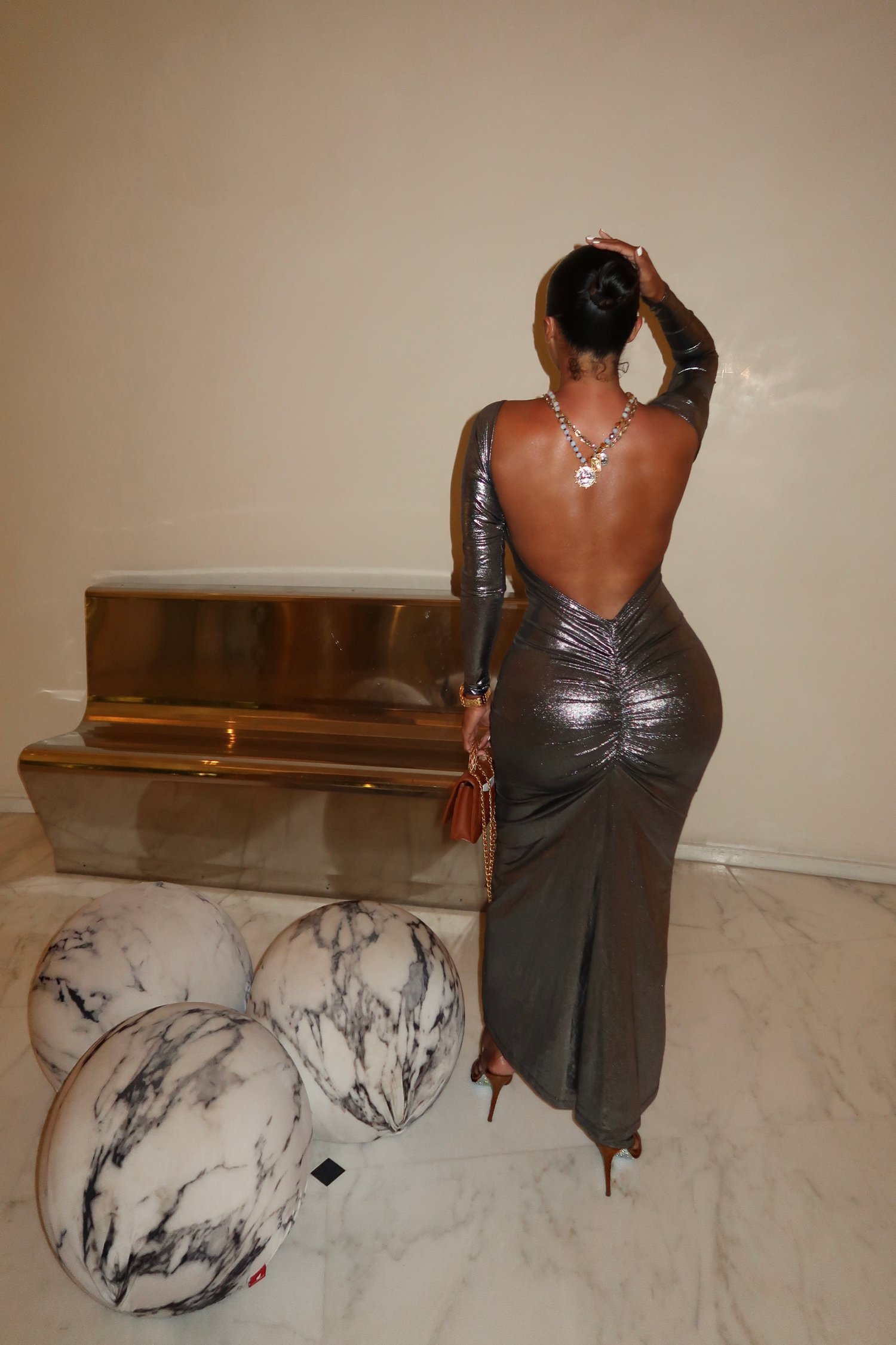 Image of GUNMETAL METALLIC BACKLESS RUCHED MAXI DRESS (S/M)