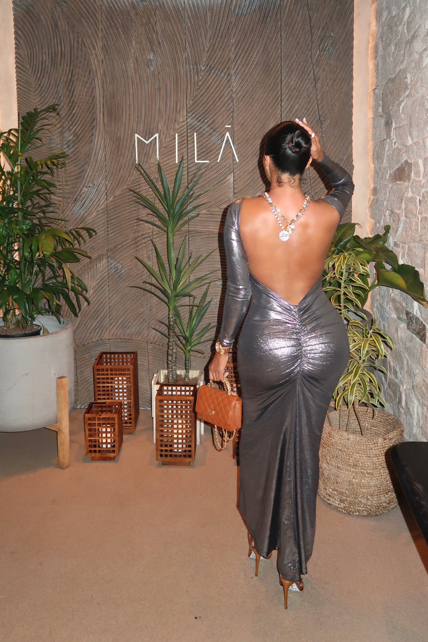 Image of GUNMETAL METALLIC BACKLESS RUCHED MAXI DRESS (S/M)