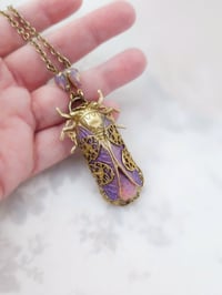 Image 4 of Fae Cicada Necklace with Iridescent Wings & Aurora Jewel – Whimsical Insect Pendant