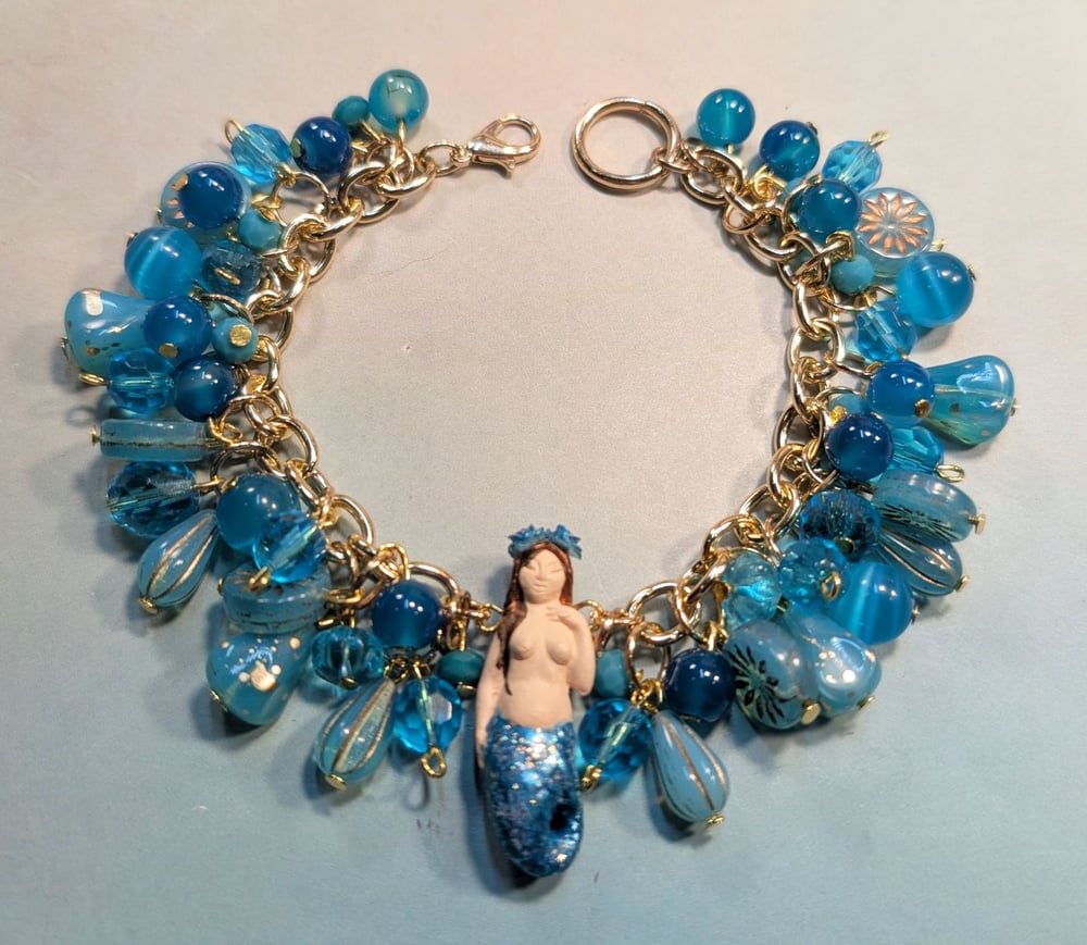 Image of MERMAID BRACELETS! ~ Auburn Haired Sirena with Ocean Blue Beads Bauble Bracelet