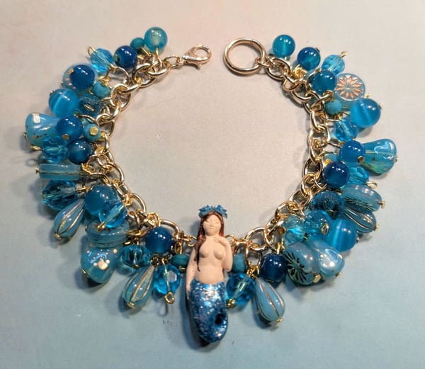 Image of MERMAID BRACELETS! ~ Auburn Haired Sirena with Ocean Blue Beads Bauble Bracelet 