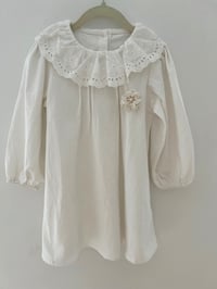 Image 1 of Long Sleeve Cotton Dress with Handmade Flower Brooch