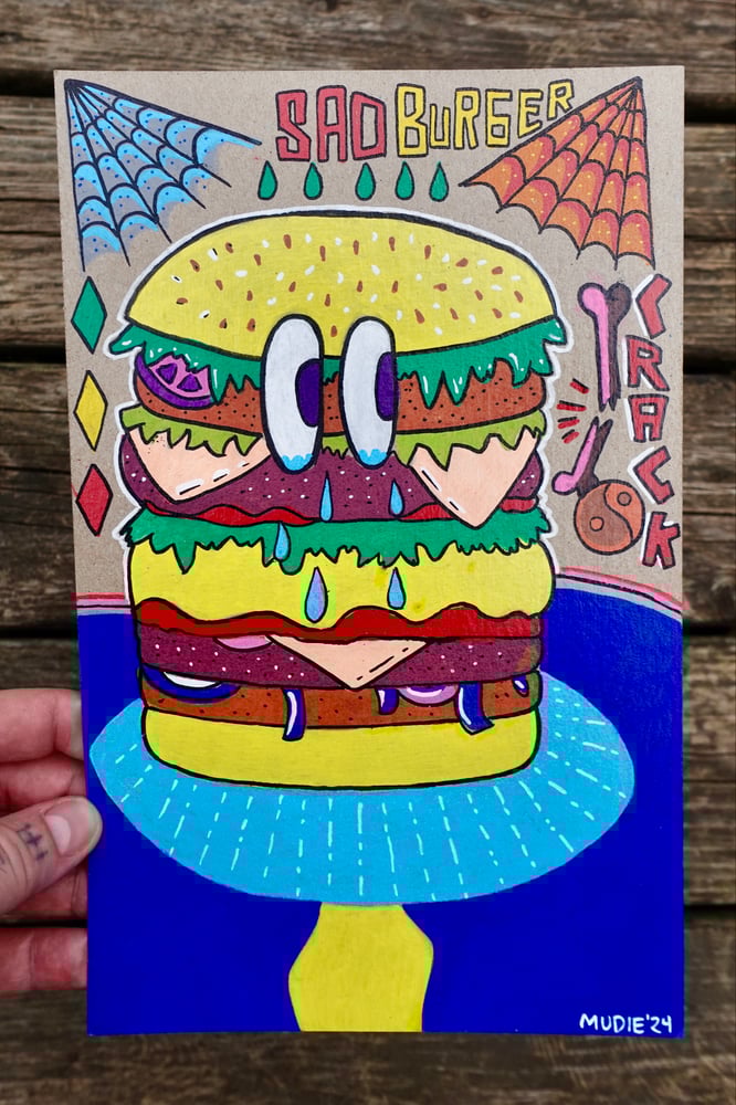 Image de '' Sad Burger " Artwork original - 7 x 10'' - Acrylique sur carton Kraft.