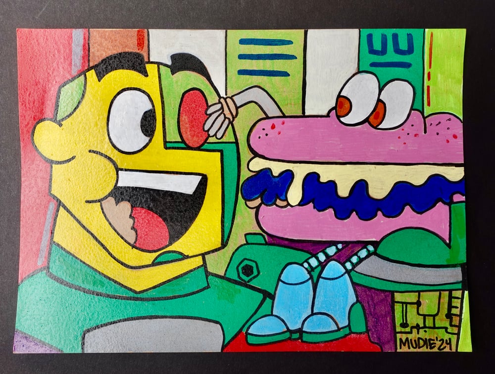 Image de " Teen Titans: Cybord + Sandwich " Oeuvre originale- Crayons bois + acrylique sur carton- 7 x 5''