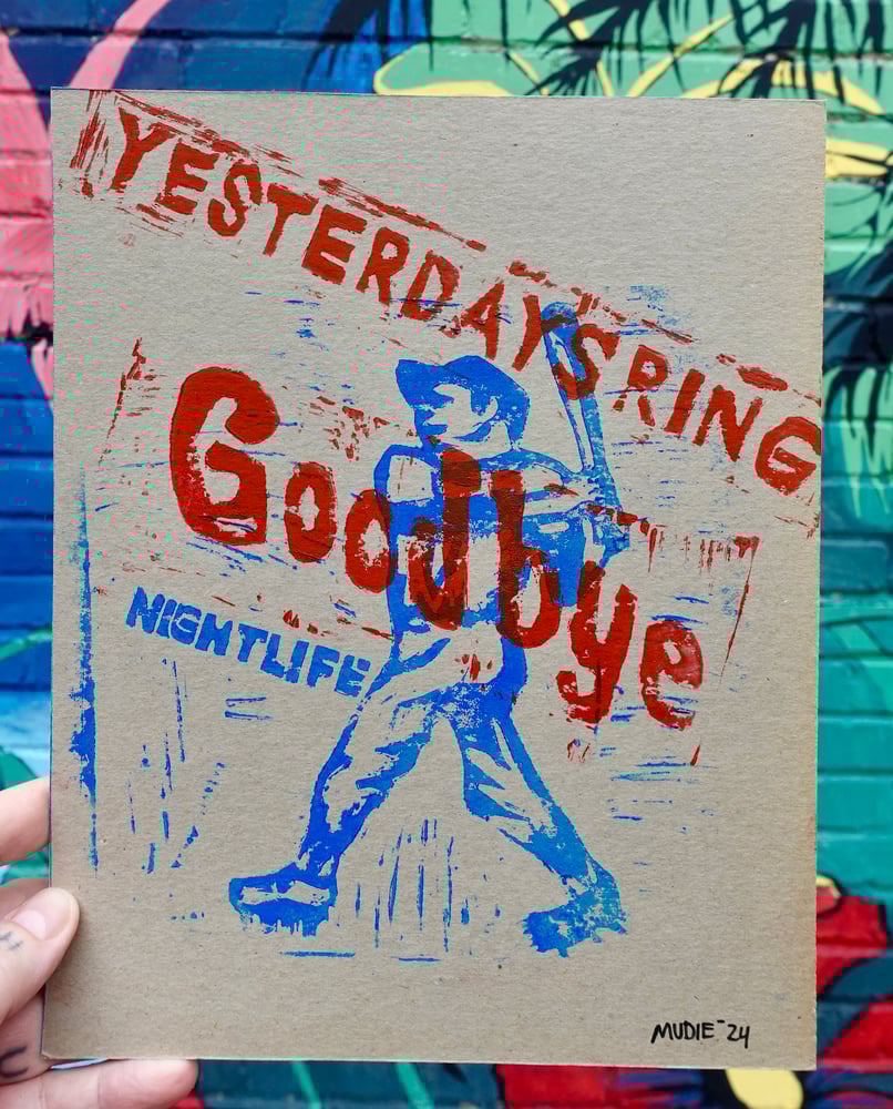 Image de Yesterday's Ring " Goodbye Nighlife" Lino gravure print originale- 8,5 x 11''