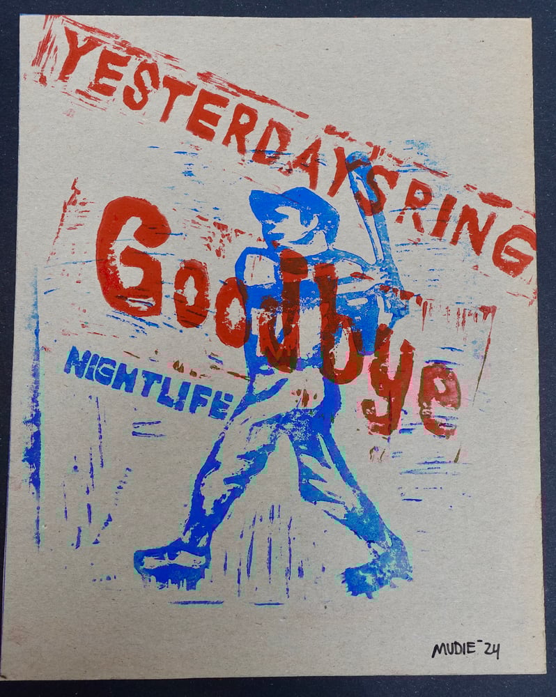 Image de Yesterday's Ring " Goodbye Nighlife" Lino gravure print originale- 8,5 x 11''