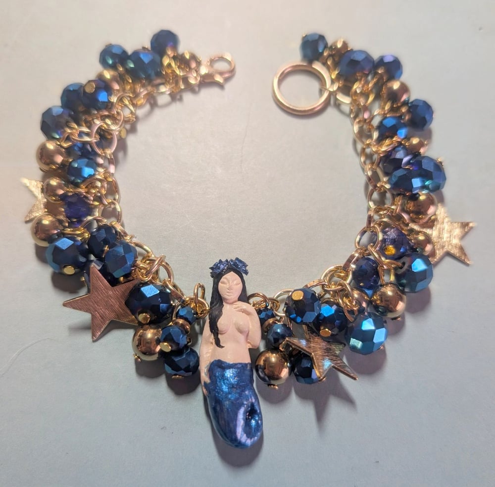 Image of MERMAID BRACELETS! ~ Raven Haired Sirena in Midnight Blue & Golden Stars Bauble Bracelet