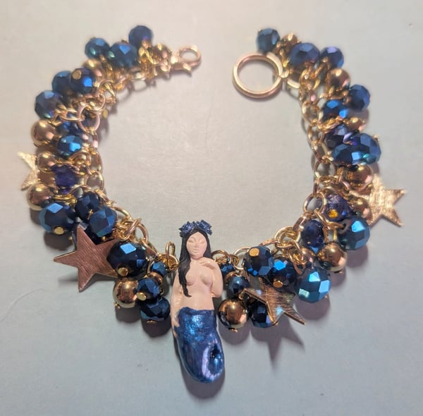 Image of MERMAID BRACELETS! ~ Raven Haired Sirena in Midnight Blue & Golden Stars Bauble Bracelet 