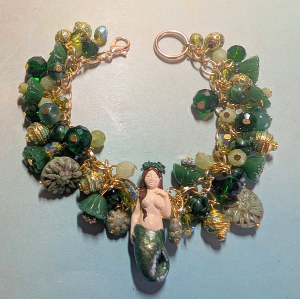 Image of MERMAID BRACELETS! ~ Chestnut Brown Haired Sirena with Jungle Green Beads Bauble Bracelet 