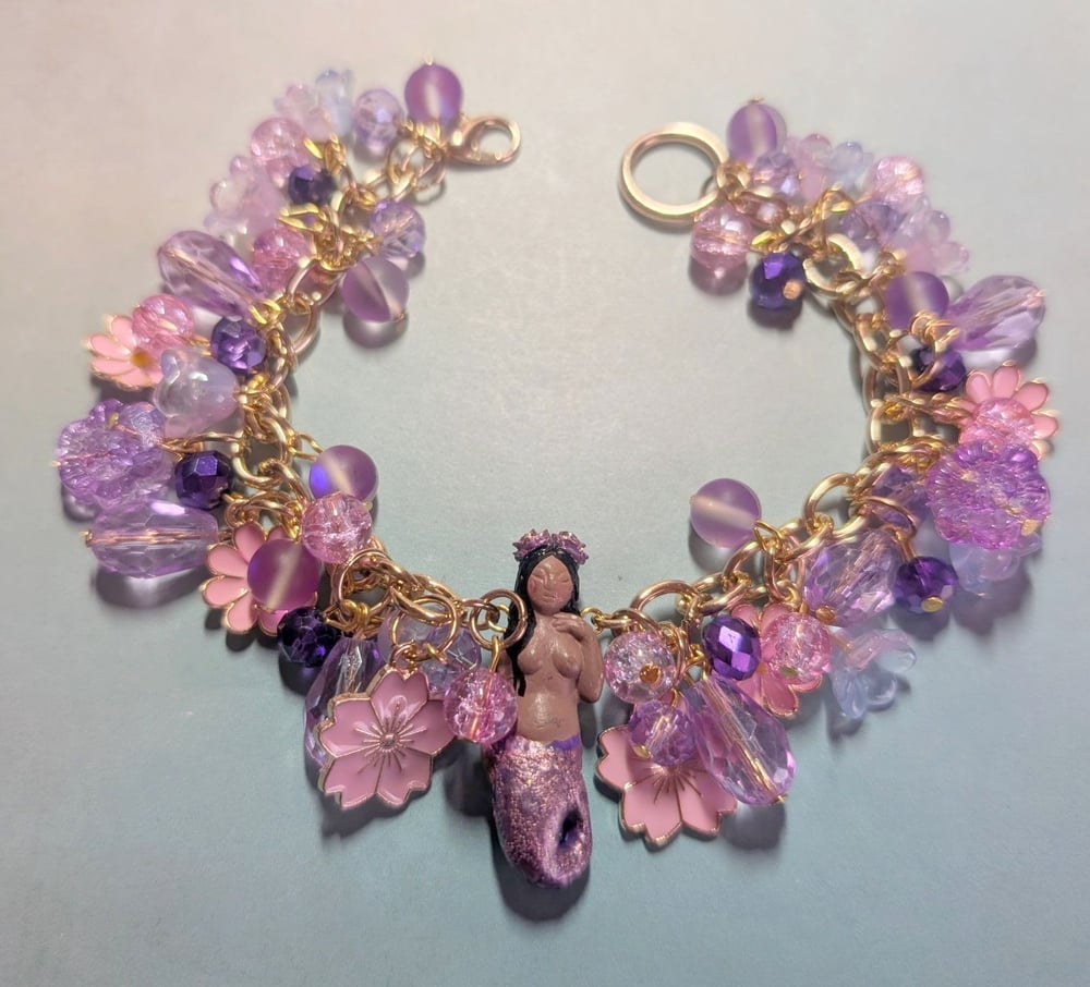 Image of MERMAID BRACELETS! ~ Raven Haired Sirena with Pink and Lavender Beads Bauble Bracelet