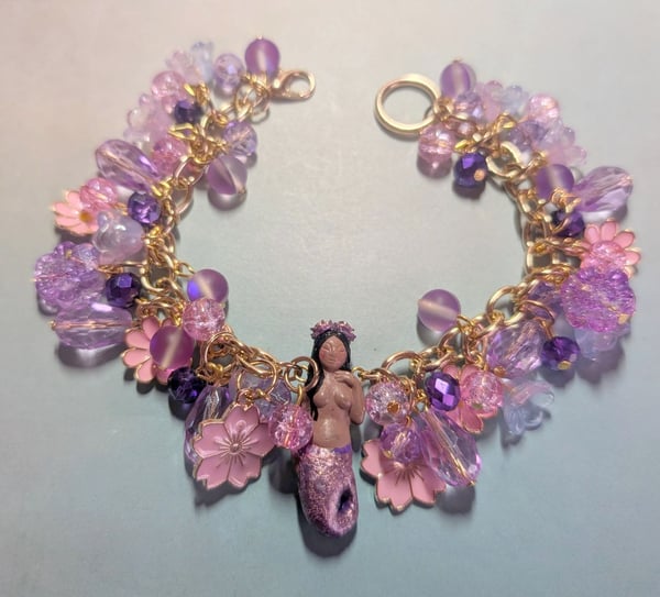 Image of MERMAID BRACELETS! ~ Raven Haired Sirena with Pink and Lavender Beads Bauble Bracelet 