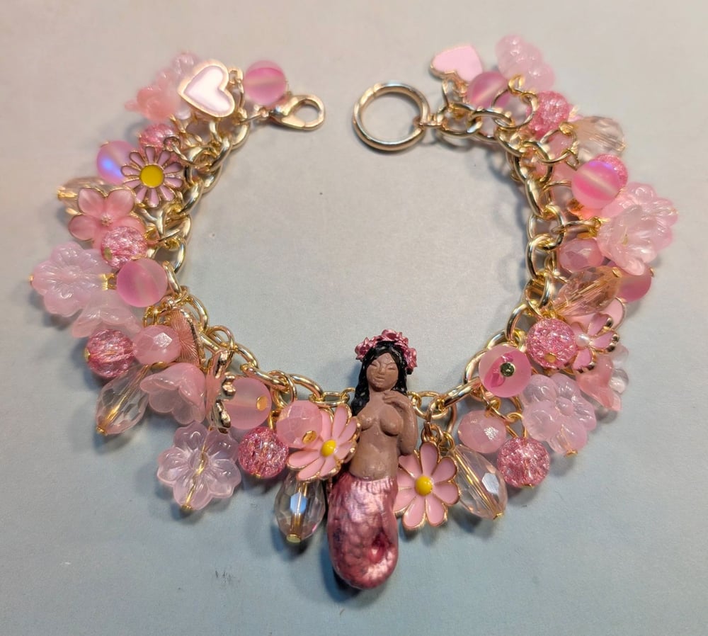 Image of MERMAID BRACELETS! ~ Raven Haired Sirena with Baby Pink Beads Bauble Bracelet #2