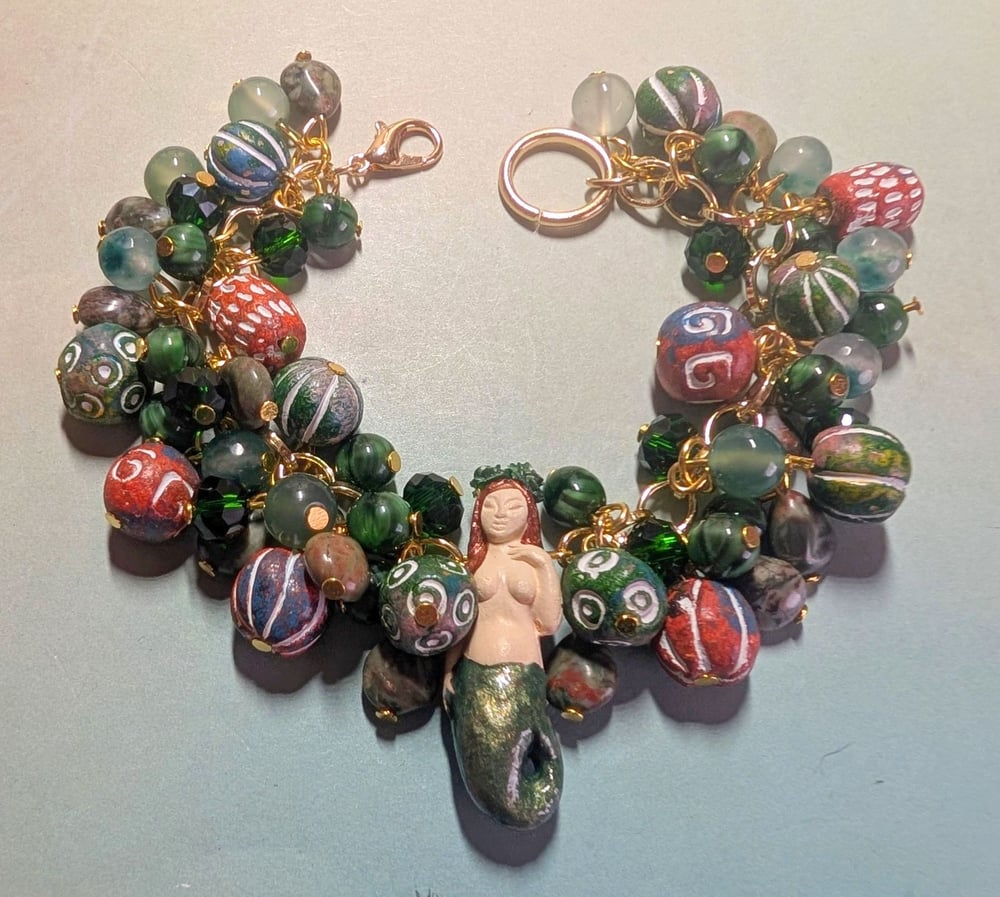 Image of MERMAID BRACELETS! ~ Auburn Haired Sirena with Tribal Green Beads Bauble Bracelet