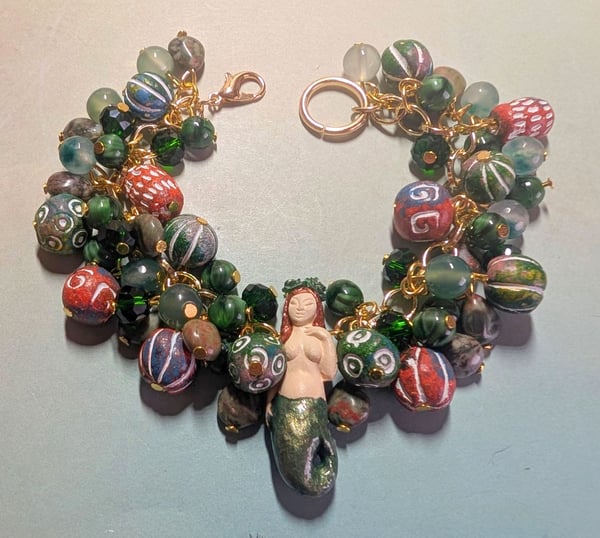 Image of MERMAID BRACELETS! ~ Auburn Haired Sirena with Tribal Green Beads Bauble Bracelet 