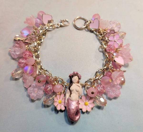 Image of MERMAID BRACELETS! ~ Raven Haired Sirena with Baby Pink Beads Bauble Bracelet  #1