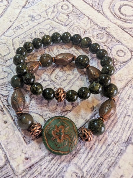 Image of DECOLONIZE IT! ~ Green Snowflake Obsidian and Antique Copper Stretch Bracelet Set