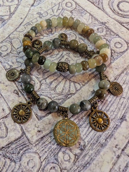 Image of DECOLONIZE IT! ~ Green Stone, Flower Jade and Antique Bronze Stretch Bracelet Set