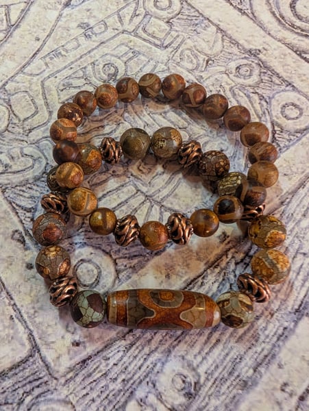Image of DECOLONIZE IT! ~ Antique Brown Tibetan Agate and Copper Stretch Bracelet Set