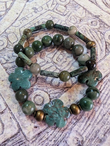 Image of DECOLONIZE IT! ~ Green Obsidian and Green Jade Flower Stretch Bracelet Set