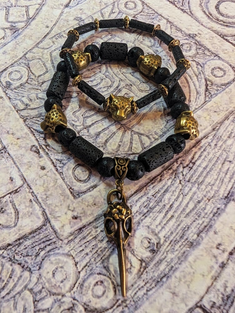 Image of DECOLONIZE IT! ~ Raven & Jaguar on Black Lava Beads Stretch Bracelet Set