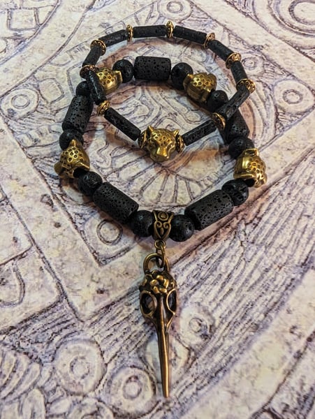 Image of DECOLONIZE IT! ~ Raven & Jaguar on Black Lava Beads Stretch Bracelet Set