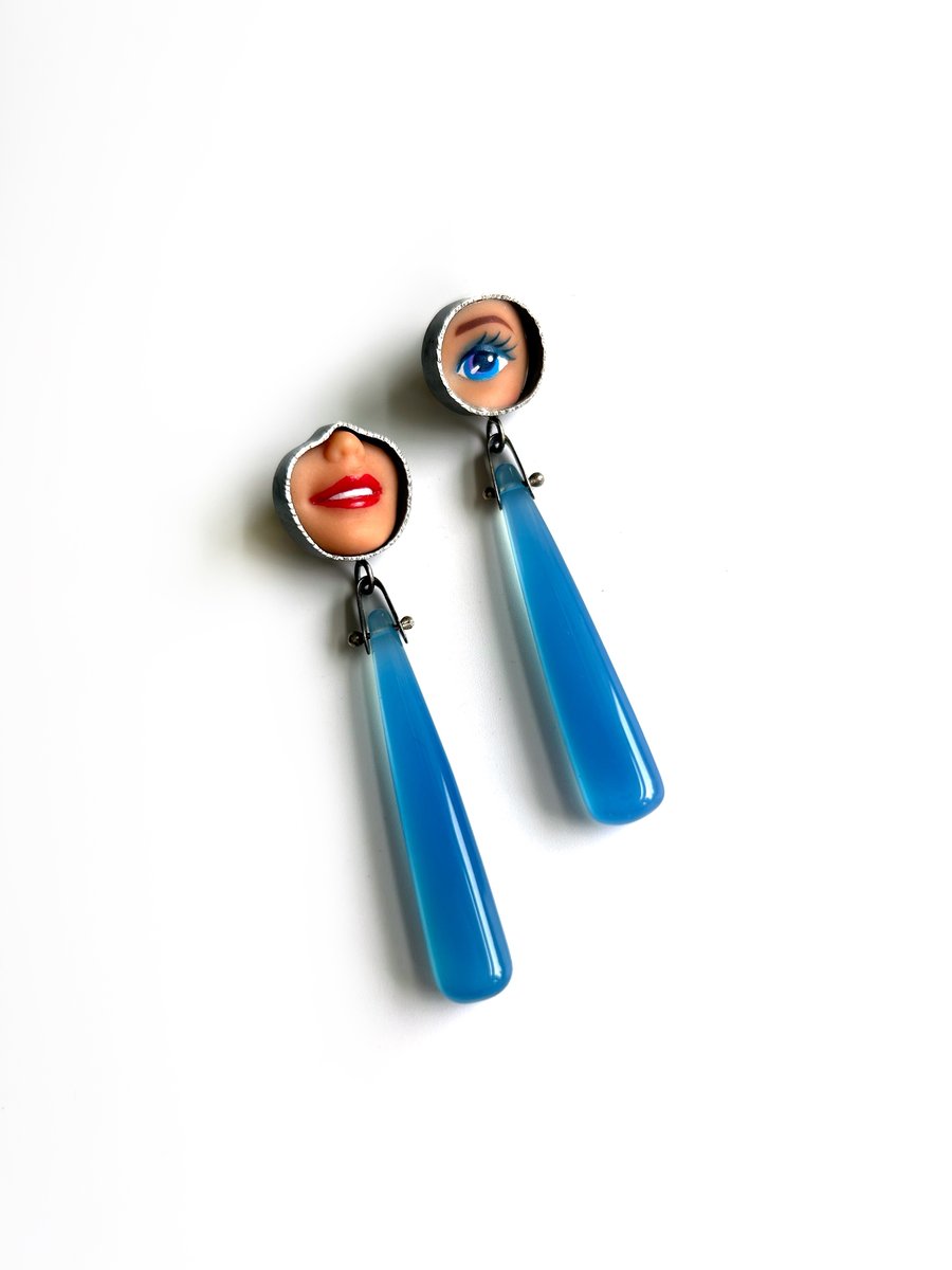 Image of Smile & Eye Earrings with Blue Chalcedony