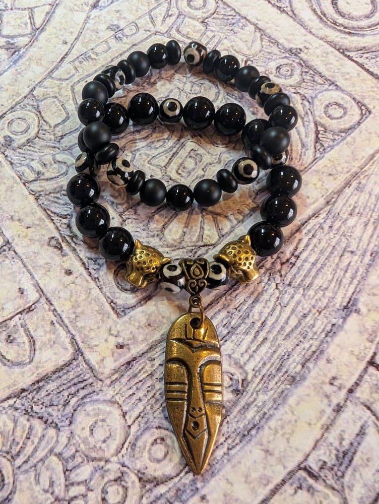 Image of DECOLONIZE IT! ~ Tribal Mask Black Obsidian & Tibetan Agate Beads Stretch Bracelet Set