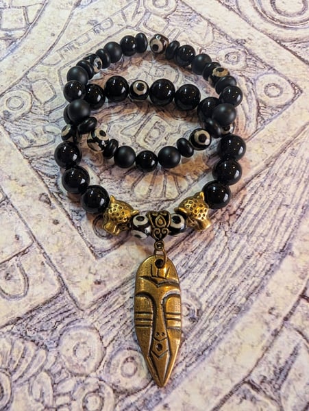 Image of DECOLONIZE IT! ~ Tribal Mask Black Obsidian & Tibetan Agate Beads Stretch Bracelet Set
