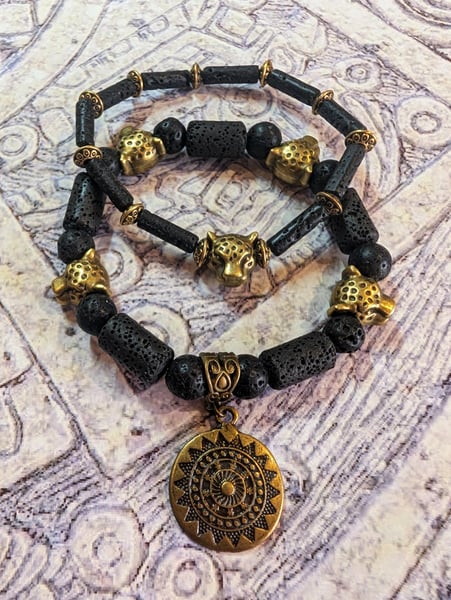 Image of DECOLONIZE IT! ~ Aztec Sun & Jaguar on Black Lava Beads Stretch Bracelet Set