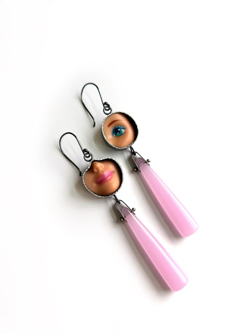 Image of Smile & Eye Earrings with Light Pink Chalcedony
