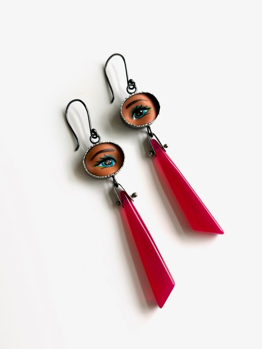 Image of Eye Earrings with Hot Pink Chalcedony