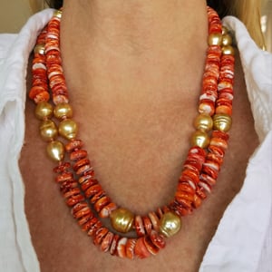 Gold Pearl & Red Shell Helix Necklace