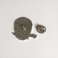 Image 3 of Wobbly Eye'd Skull With Spider Web Handled Dagger In Its Mouth Enamel Pin