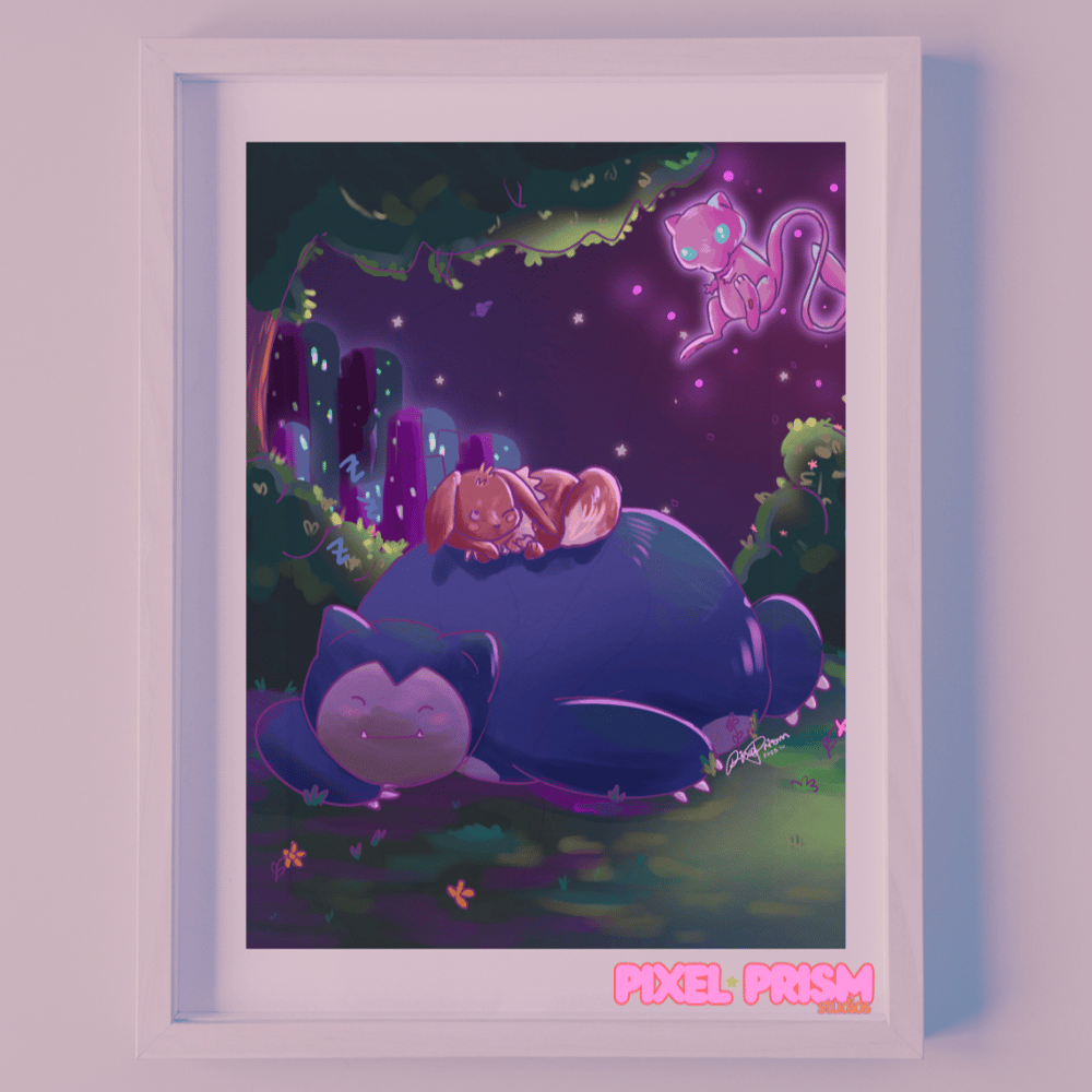 Image of Sleepy Monsters | Pokemon Original Art Print | Eevee, Snorlax, Mew