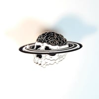 Image 1 of Skull With Exposed Brain & Planetary Saturn Rings Around It Enamel Pin
