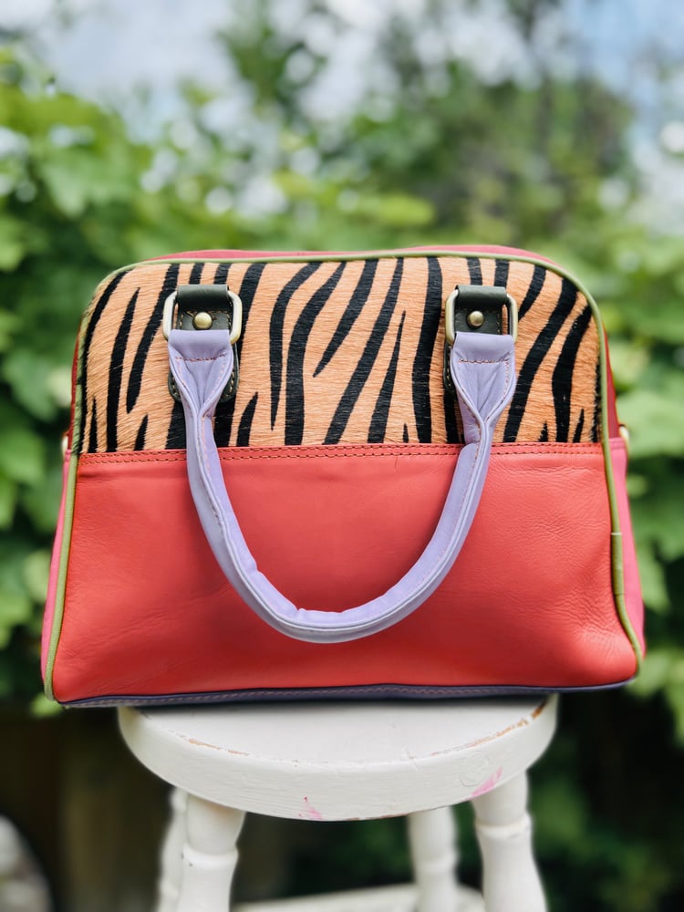 Image of Harlequin Collection - Multi-coloured Recycled Leather Barrel Bag #28C