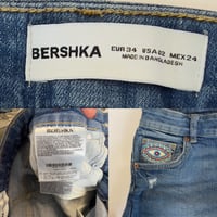 Image 4 of Women's Bershka cut off jean shorts cuffed stretch med wash embellished w-cherries & greek eye patch