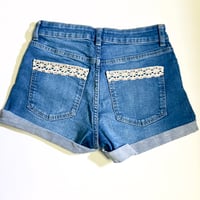 Image 2 of Women's Bershka cut off jean shorts cuffed stretch med wash embellished w-cherries & greek eye patch