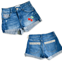 Image 3 of Women's Bershka cut off jean shorts cuffed stretch med wash embellished w-cherries & greek eye patch