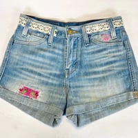 Image 1 of Women's Levi's cut off denim shorts Re-worked festival wear Ivory crochet waist pink accents 