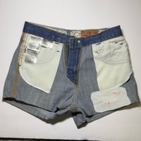 Image 2 of Women's Levi's cut off denim shorts Re-worked festival wear Ivory crochet waist pink accents 