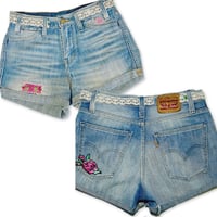 Image 3 of Women's Levi's cut off denim shorts Re-worked festival wear Ivory crochet waist pink accents 