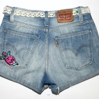 Image 4 of Women's Levi's cut off denim shorts Re-worked festival wear Ivory crochet waist pink accents 