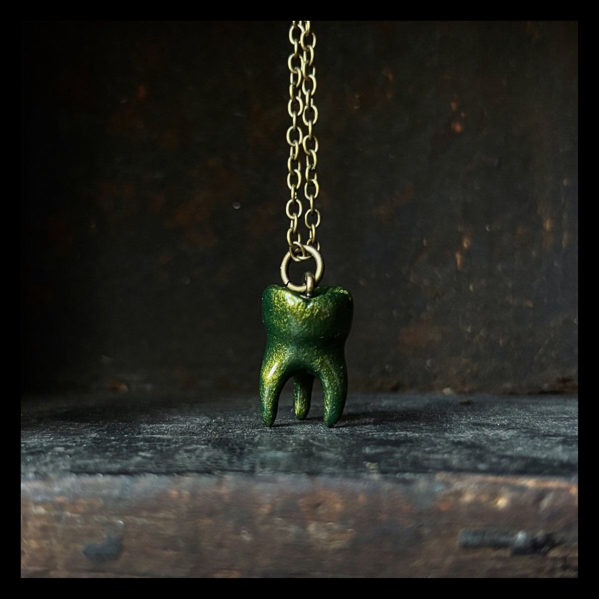 3-Root Molar necklace in "Moss" on brass chain
