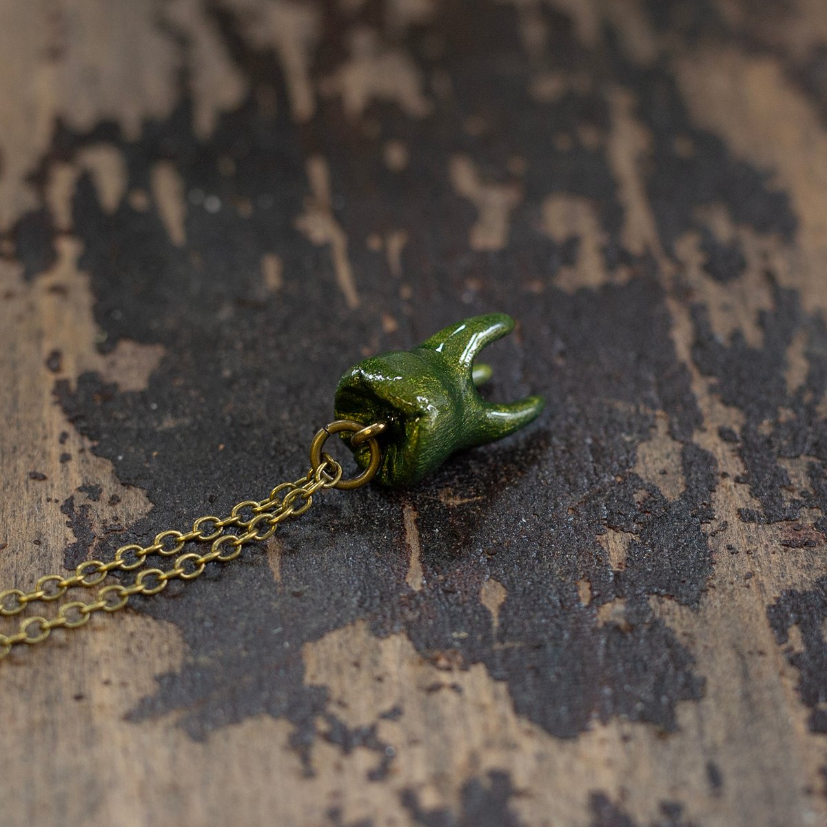 3-Root Molar necklace in "Moss" on brass chain