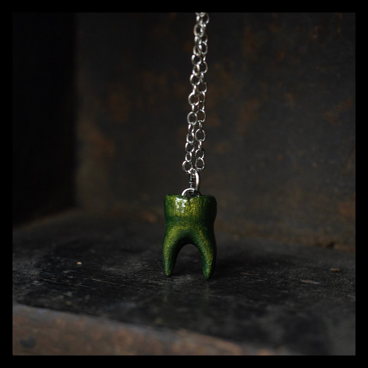 2-Root Molar necklace in "Moss" on silver chain